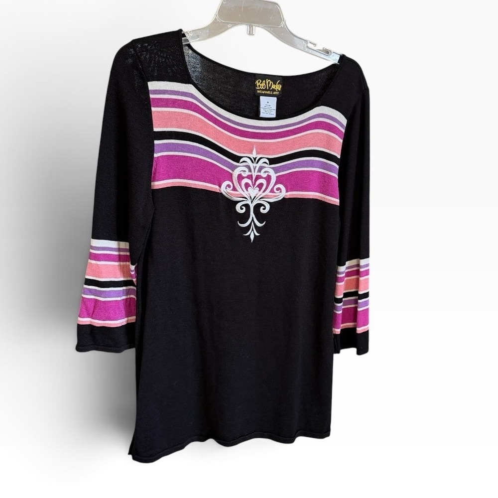 Bob Mackie Wearable Art Top Womens M Black Silk Cotton Knit Embroidered Chic